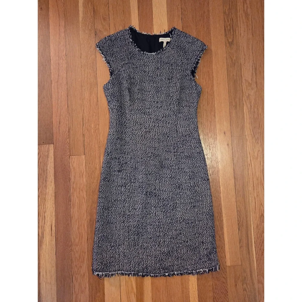 Rebecca Taylor Navy + Cream Confetti Tweed Boucle Fringe Sheath Work Dress Sz 2 - Picture 8 of 13